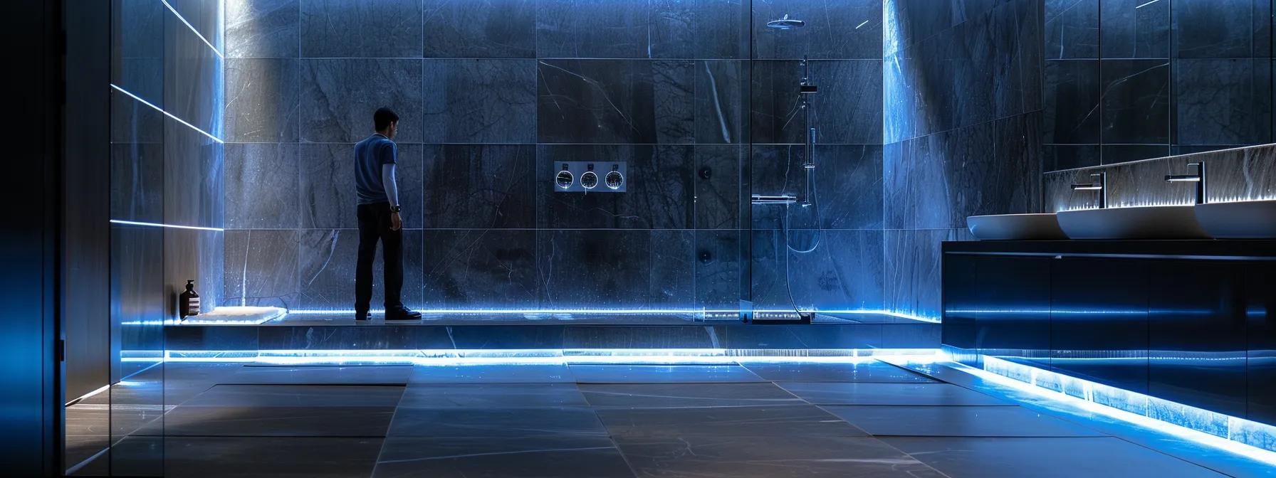a modern, sleek bathroom with polished tiles and a professional plumber inspecting advanced drain and sewer systems, illuminated by bright task lighting that emphasizes the precision of the work.