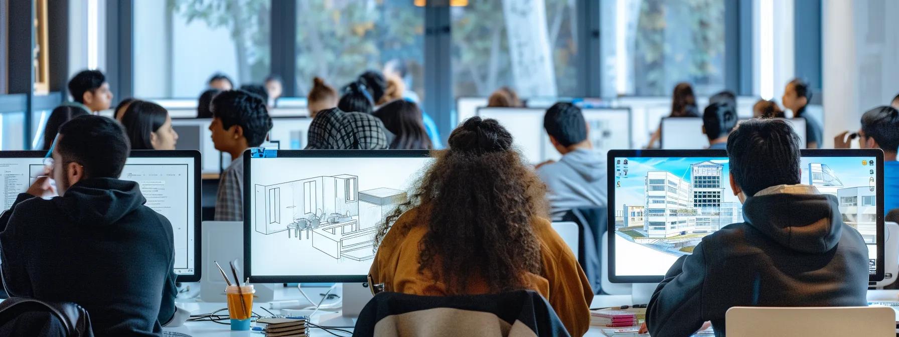 a modern, sleek classroom filled with diverse students engaged at their digital workstations, surrounded by architectural blueprints and 3d models displayed on screens, highlighting the dynamic atmosphere of structured online learning in architecture.