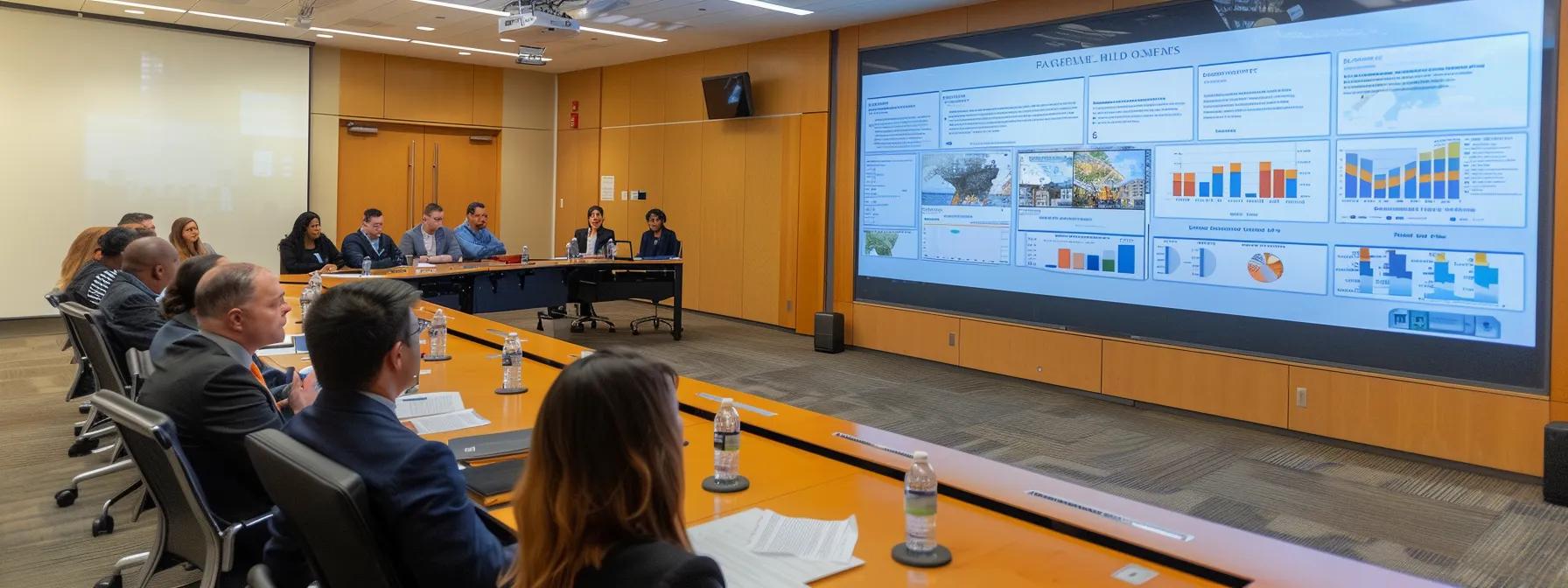 a modern, sleek conference room features a large screen displaying a detailed infographic on fannie mae's primary residence rules, with a diverse group of professionals engaged in discussion around a polished wooden table.