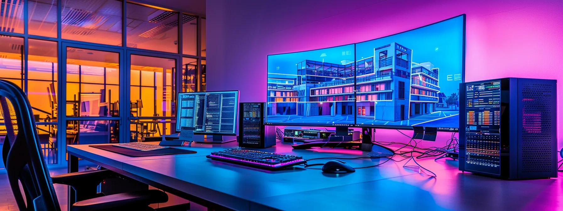 a modern, sleek design studio featuring computer screens displaying intricate architectural cad software, illuminated by dynamic led lighting, capturing the innovative spirit of online architecture classes.
