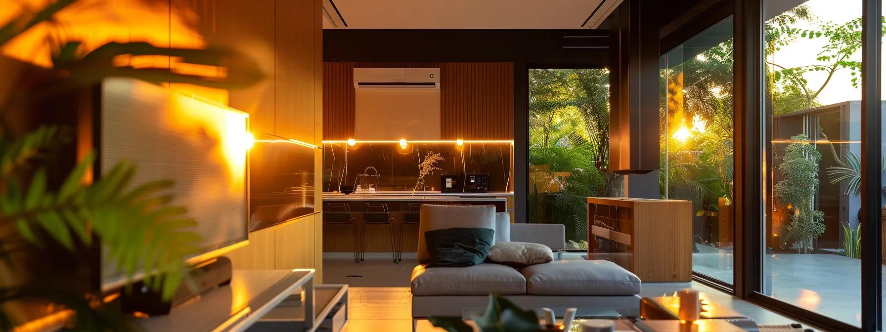 a modern, sleek home interior showcases an advanced energy-efficient cooling system, featuring stylish vents and a digital thermostat glowing softly against a backdrop of contemporary furnishings and warm, inviting lighting.