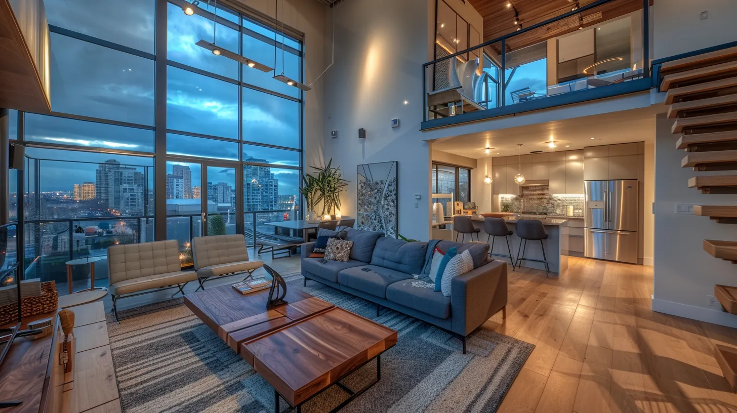 Modern loft-style home with floor-to-ceiling windows, open layout, and sleek furnishings, highlighting an optimized and stylish home design. Modern loft-style home with floor-to-ceiling windows, open layout, and sleek furnishings, highlighting an optimized and stylish home design.