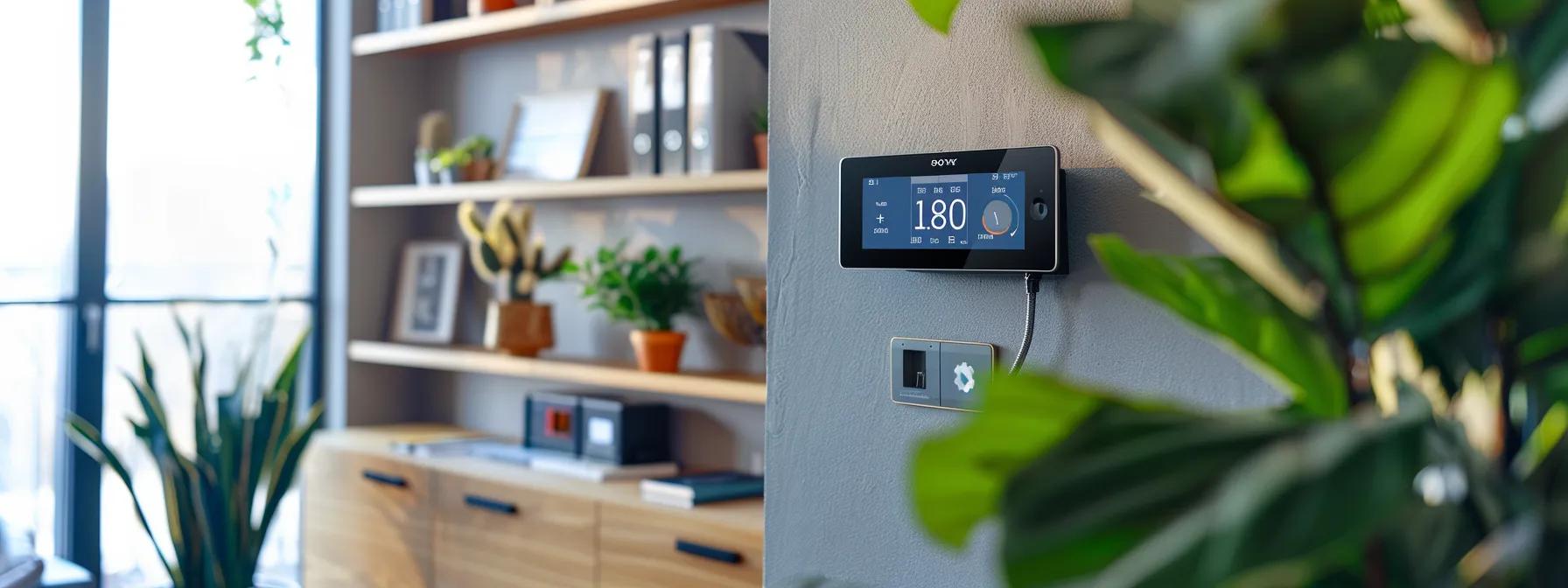 a modern, sleek home office featuring a digital thermostat prominently displayed on a well-organized wall, with an electrician inspecting intricate electrical components, showcasing precision and efficiency in temperature control for maryland homes.