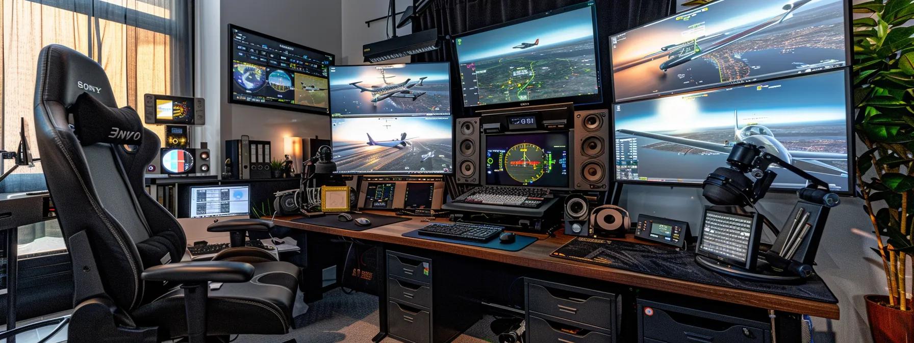 a modern, sleek home office setup featuring multiple monitors displaying vibrant flight simulation software, complete with intuitive controls and ergonomic seating, exuding an inviting atmosphere for family engagement in virtual aviation experiences. a modern, sleek home office setup featuring multiple monitors displaying vibrant flight simulation software, complete with intuitive controls and ergonomic seating, exuding an inviting atmosphere for family engagement in virtual aviation experiences.
