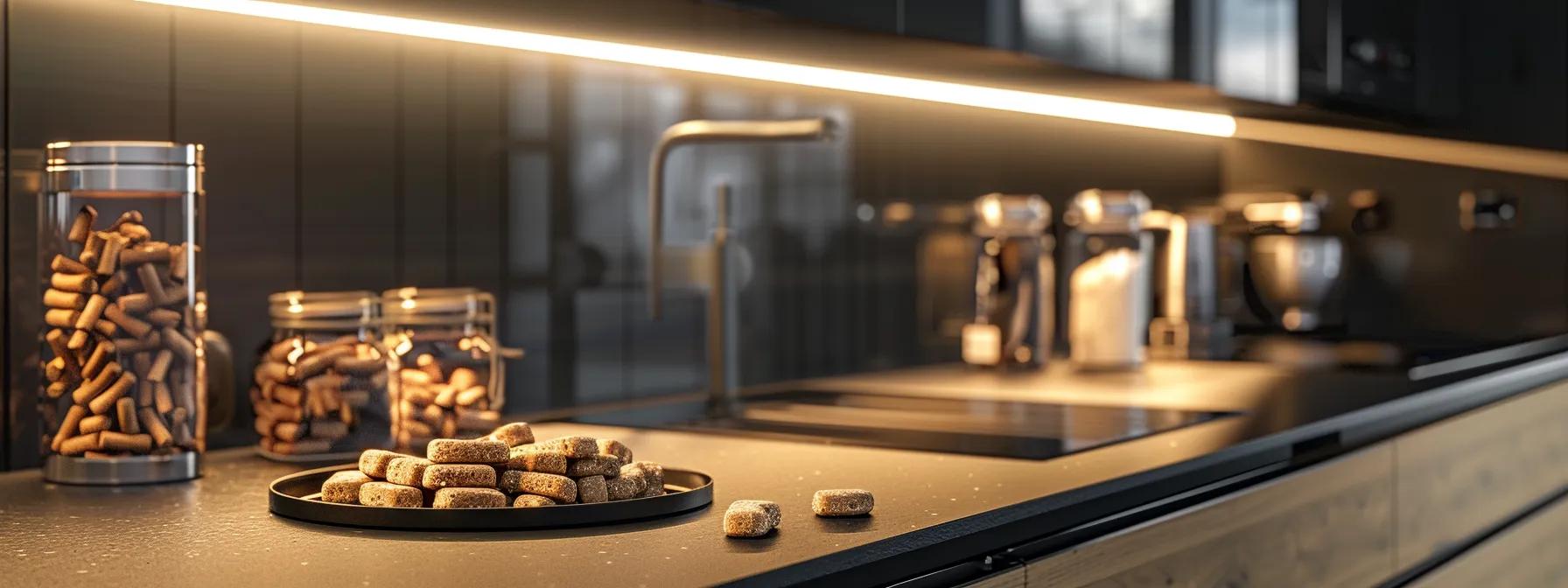 a modern, sleek kitchen countertop displays an array of appetizing charcoal dog biscuits in stylish, resealable pouches, accompanied by interactive puzzle feeders to emphasize the importance of balanced nutrition and mental engagement for dogs. a modern, sleek kitchen countertop displays an array of appetizing charcoal dog biscuits in stylish, resealable pouches, accompanied by interactive puzzle feeders to emphasize the importance of balanced nutrition and mental engagement for dogs.