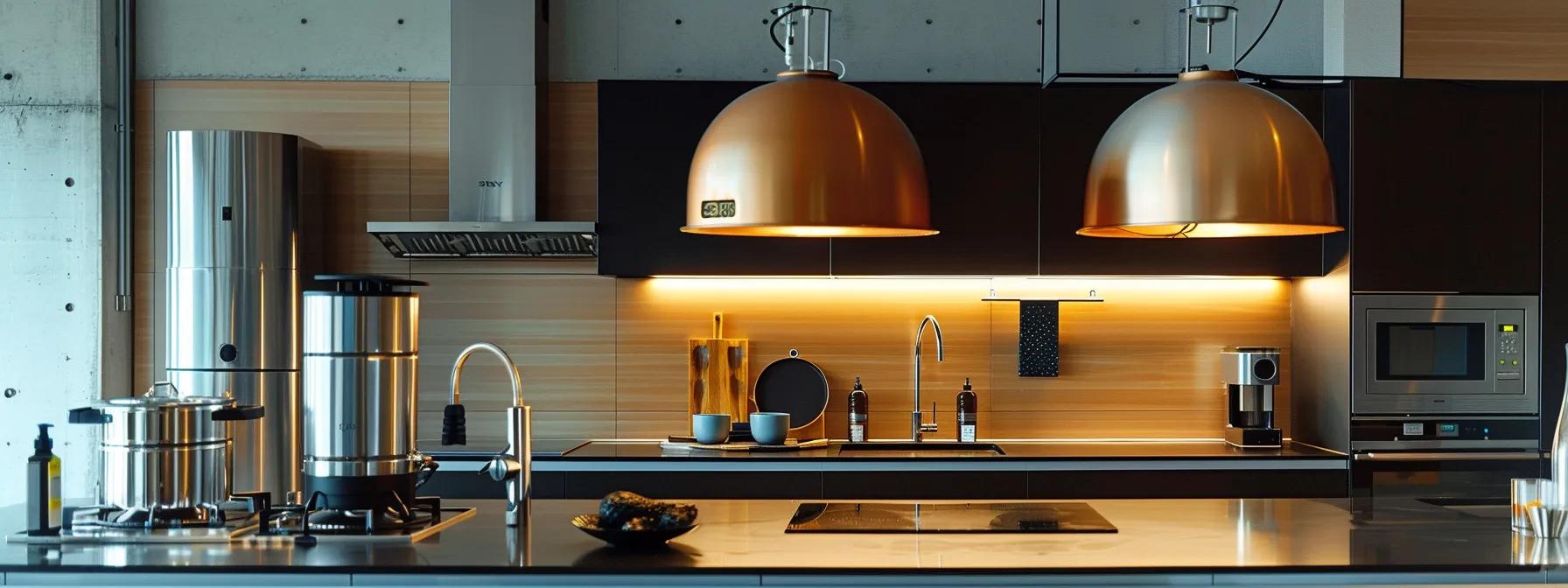 a modern, sleek kitchen equipped with a visible hot water recirculating pump system, showcasing shiny metallic pipes and a high-tech water heater, illuminated by bright pendant lights, emphasizing the efficiency and convenience of instant hot water access in a spacious, multi-story home setting. a modern, sleek kitchen equipped with a visible hot water recirculating pump system, showcasing shiny metallic pipes and a high-tech water heater, illuminated by bright pendant lights, emphasizing the efficiency and convenience of instant hot water access in a spacious, multi-story home setting.
