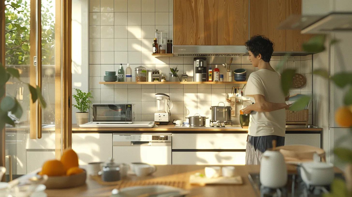 a modern, sleek kitchen features a busy individual effortlessly tidying up around smartly organized cleaning supplies, embodying a harmonious blend of efficiency and order amidst a hectic lifestyle.