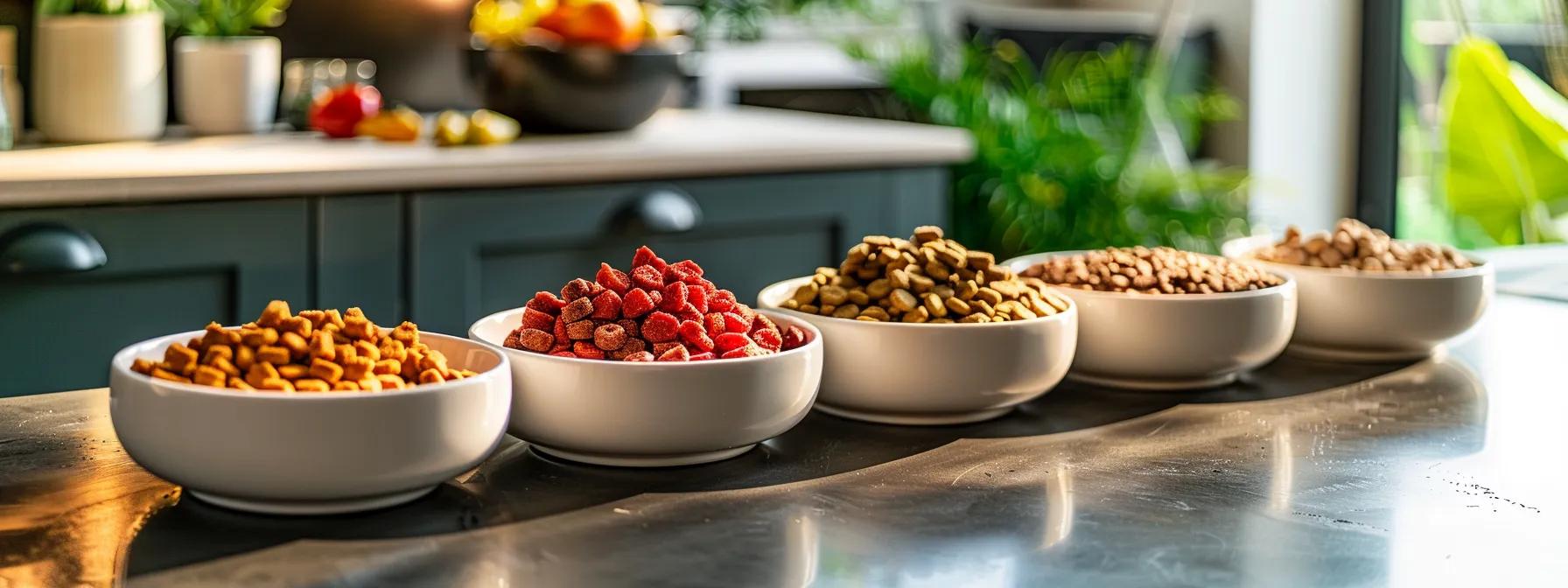 a modern, sleek kitchen setting showcases an assortment of vibrant freeze-dried dog food ingredients, arranged artfully on a polished countertop, emphasizing their rich colors and textures to highlight the enhanced nutritional value and quality of the diet.