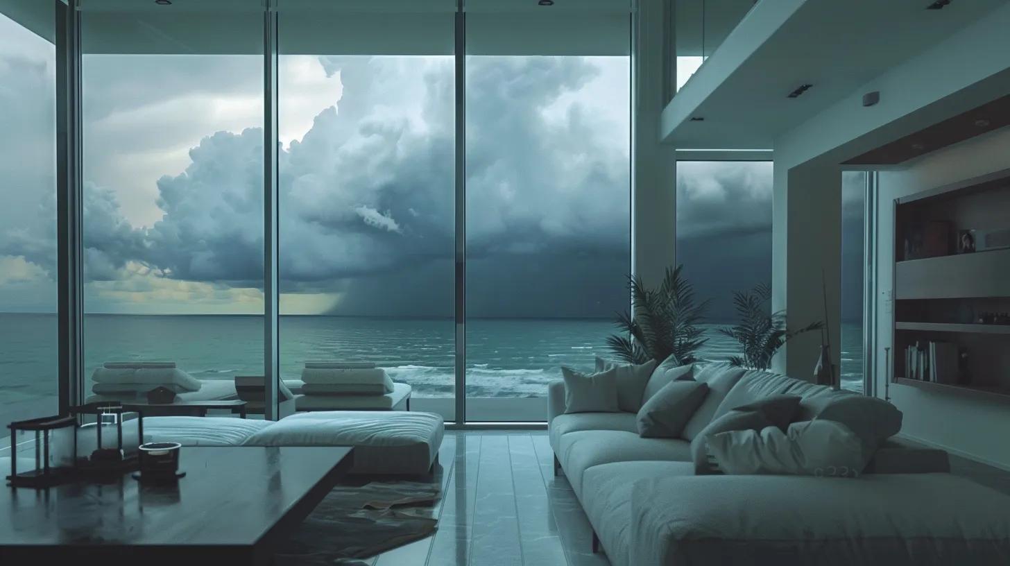 a modern, sleek living room in a hurricane-prone coastal home showcases robust hurricane impact windows, glistening with resilience against the backdrop of a dramatic stormy sky, illustrating the security and energy efficiency emphasized by satisfied homeowners. a modern, sleek living room in a hurricane-prone coastal home showcases robust hurricane impact windows, glistening with resilience against the backdrop of a dramatic stormy sky, illustrating the security and energy efficiency emphasized by satisfied homeowners.