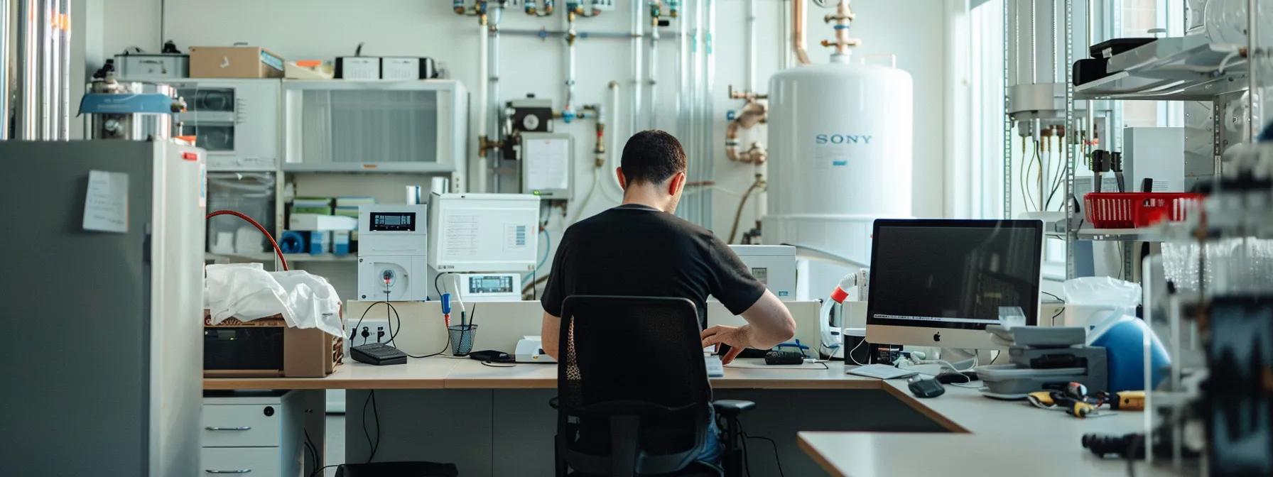 a modern, sleek office environment showcasing a professional technician expertly inspecting a high-efficiency water heater, with tools and equipment strategically arranged on a clean workspace, emphasizing service quality in kenwood, il.