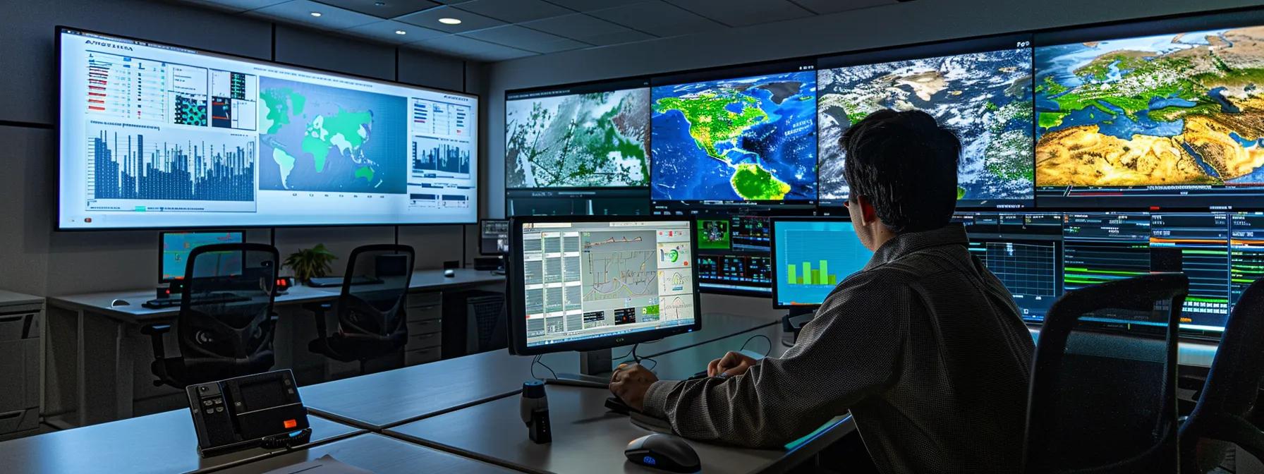 a modern, sleek office environment features a professional at a desk analyzing regional risk data on a high-resolution screen, illuminated by artificial lighting that highlights charts depicting weather conditions and water hazards as spring approaches.