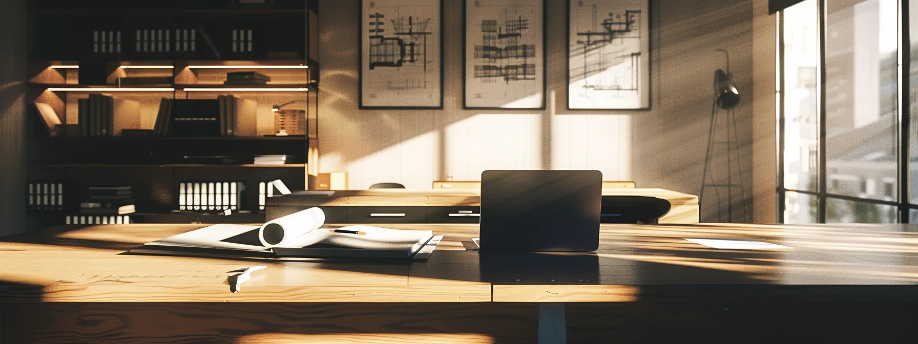 a modern, sleek office environment with a large, open desk featuring a laptop displaying architectural blueprints, alongside textbooks on finance and urban planning, casting sharp shadows from strategic overhead lighting to emphasize the importance of financial considerations in online architecture studies.