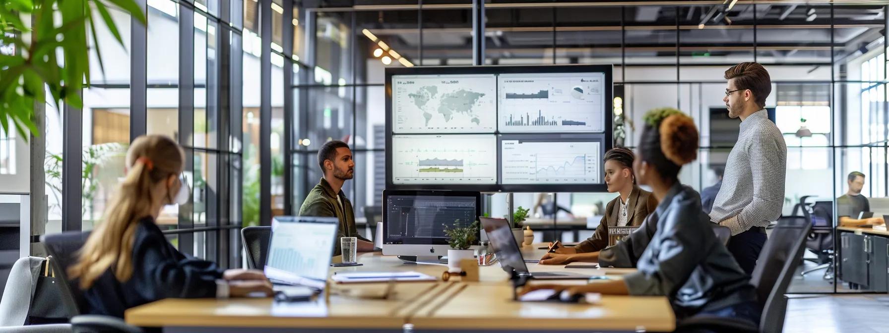 a modern, sleek office environment showcases a focused team collaborating over design mockups on large digital screens, highlighting the synergy of creativity and technical expertise in custom wordpress theme development.