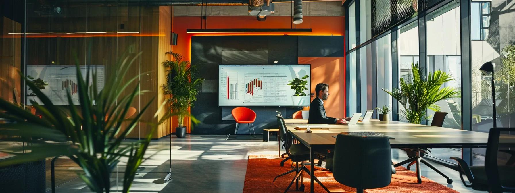 a modern, sleek office environment is depicted, featuring a professional pest control consultant engaged in an informative presentation on a digital screen, highlighting key faqs about rodent control with clear visuals and engaging graphics.