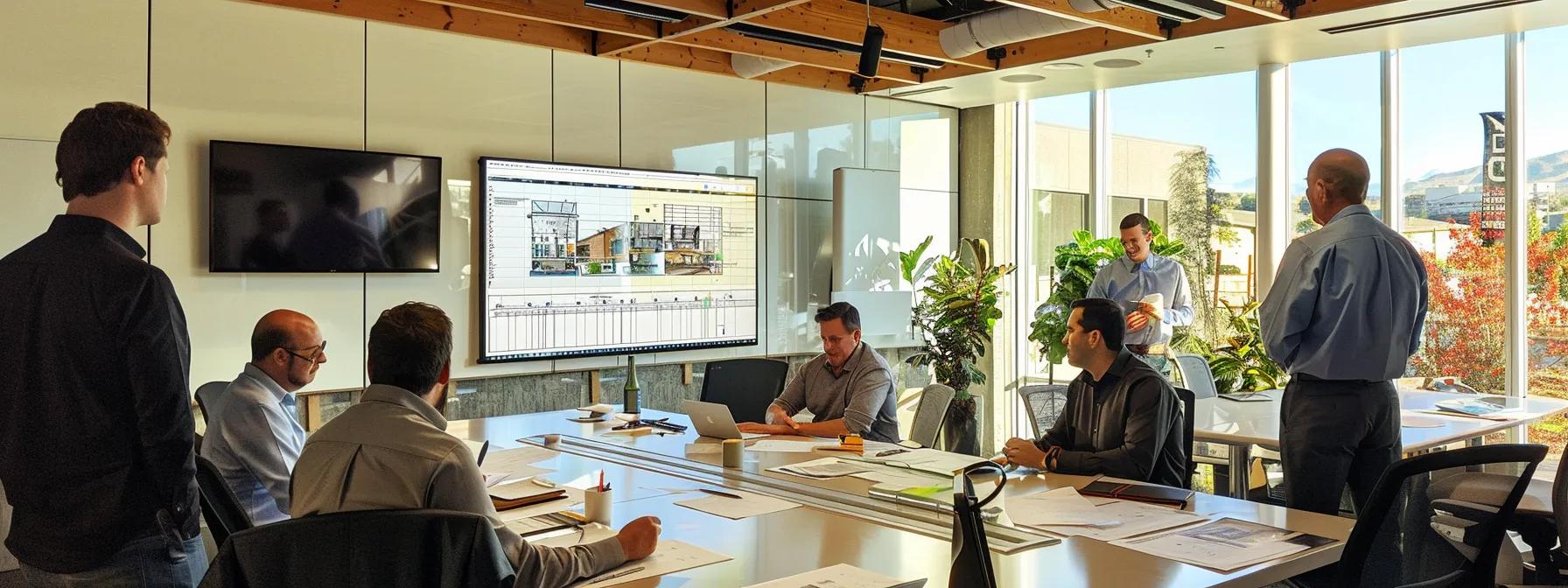 a modern, sleek office meeting room with a long conference table, surrounded by professional individuals discussing a detailed remodeling project, with blueprints and construction documents laid out prominently, conveying a sense of collaboration and expertise in home renovation. a modern, sleek office meeting room with a long conference table, surrounded by professional individuals discussing a detailed remodeling project, with blueprints and construction documents laid out prominently, conveying a sense of collaboration and expertise in home renovation.