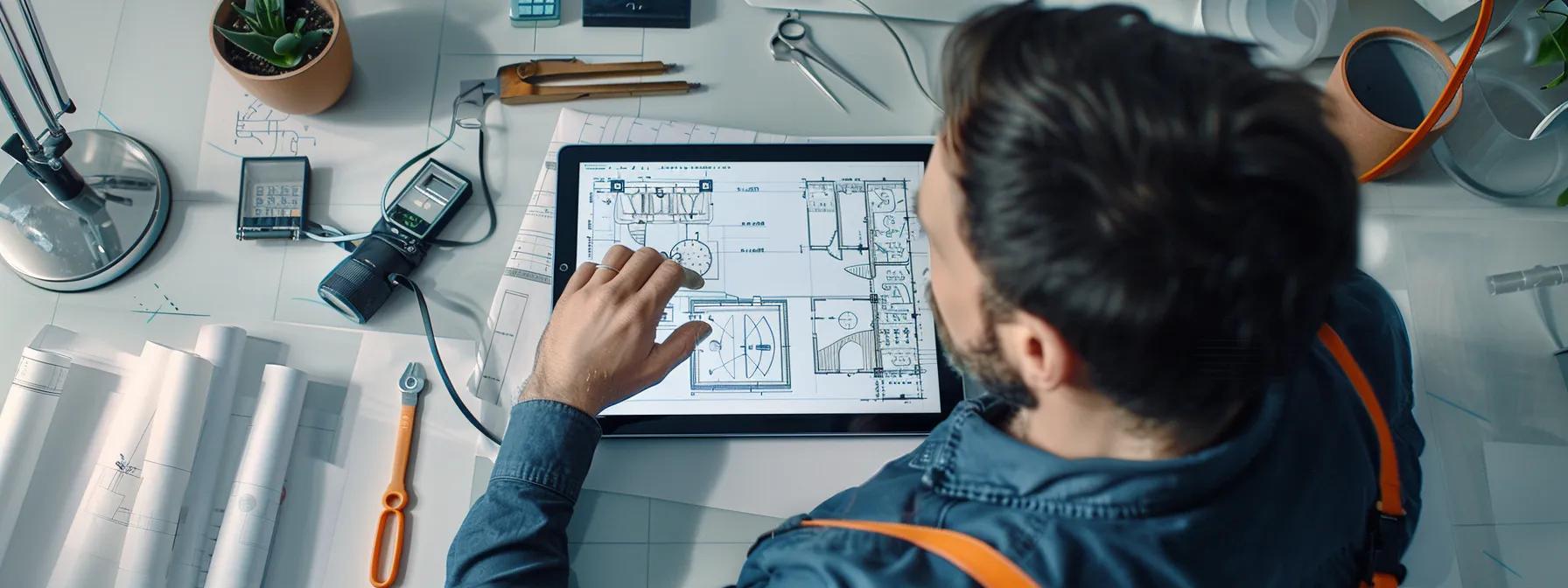 a modern, sleek office setting featuring a confident manager reviewing detailed plumbing maintenance schedules and innovative water management strategies on a digital tablet, surrounded by blueprints and tools that symbolise proactive planning and efficiency for summer plumbing challenges. a modern, sleek office setting featuring a confident manager reviewing detailed plumbing maintenance schedules and innovative water management strategies on a digital tablet, surrounded by blueprints and tools that symbolise proactive planning and efficiency for summer plumbing challenges.