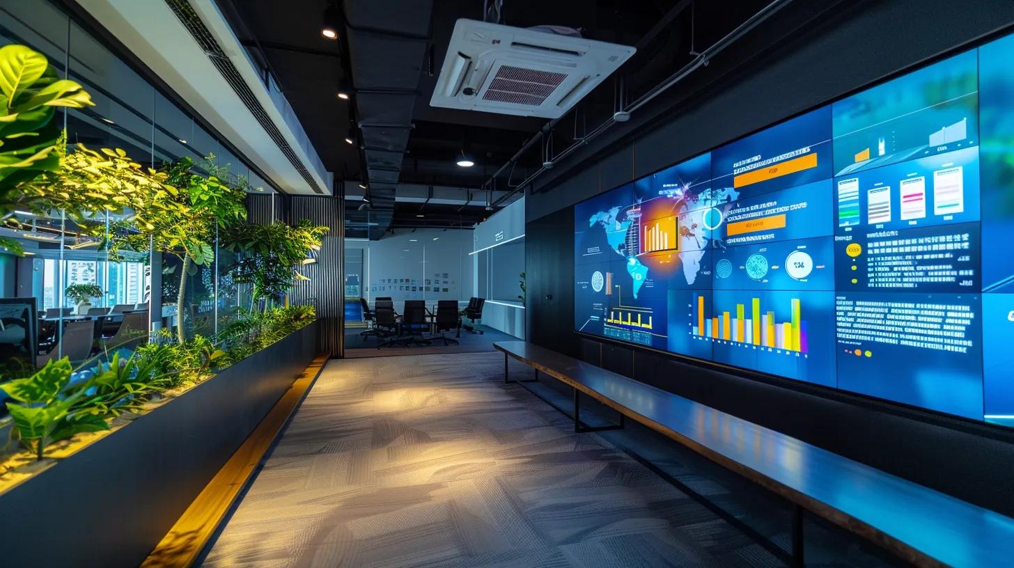 a modern, sleek office space showcases a vivid infographic on a large screen, visually comparing various carpet cleaning methods alongside their key benefits and applications, illuminated by bright, focused lighting that highlights the professionalism of the topic.