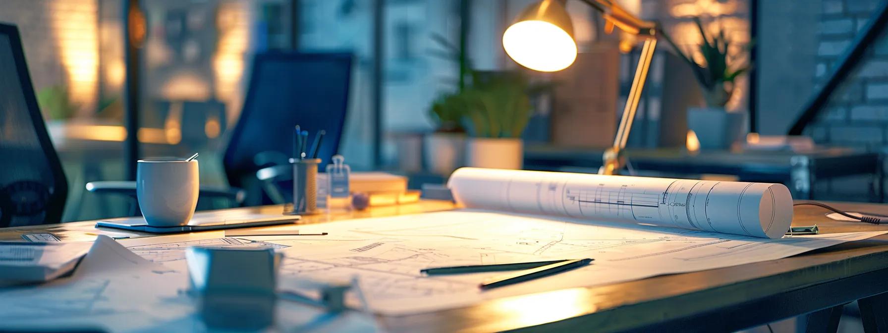 a modern, sleek office space featuring a stylish desk adorned with architectural blueprints and design tools, bathed in warm ambient lighting, conveying the essence of freelance architecture and creativity.