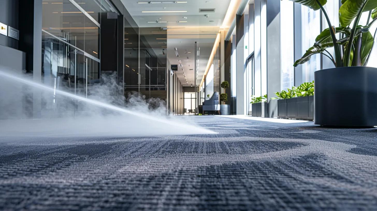 a modern, sleek office space features a plush carpet being professionally steam cleaned, showcasing the effectiveness of the service with visible steam rising and a pristine ambiance, emphasizing the importance of maintaining carpet cleanliness for indoor air quality.