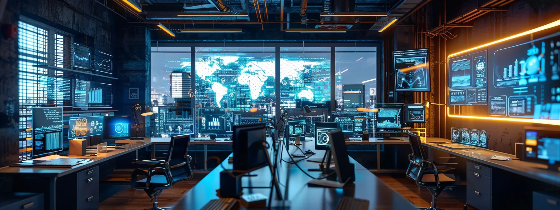 a modern, sleek office space filled with architectural blueprints and digital screens displaying online course options, illuminated by focused task lighting to emphasize a dedicated atmosphere of research and education in architecture.