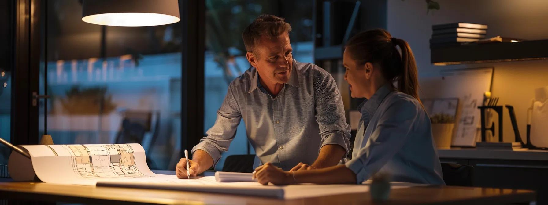 a modern, sleek office with a confident plumber in a uniform discussing complex plumbing plans with a homeowner, highlighting their collaboration over a detailed blueprint on a polished table, illuminated by warm, professional lighting. a modern, sleek office with a confident plumber in a uniform discussing complex plumbing plans with a homeowner, highlighting their collaboration over a detailed blueprint on a polished table, illuminated by warm, professional lighting.
