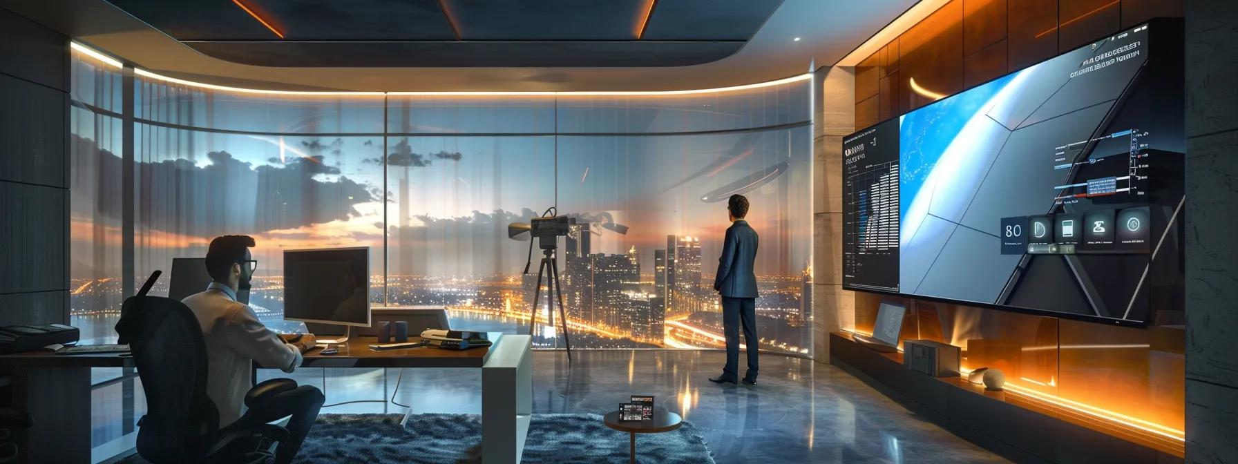 a modern, sleek office with a focused business professional analyzing detailed roof repair estimates on a large screen, illuminated by dynamic ambient lighting that highlights the seriousness of insurance negotiations. a modern, sleek office with a focused business professional analyzing detailed roof repair estimates on a large screen, illuminated by dynamic ambient lighting that highlights the seriousness of insurance negotiations.