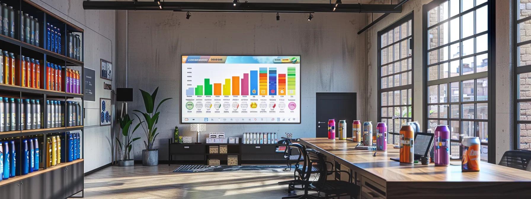 a modern, sleek office workspace features a dynamic comparison chart of various thc drink brands displayed on a large screen, alongside vibrant, inviting product images of colorful cans and bottles tastefully arranged on a polished desk. a modern, sleek office workspace features a dynamic comparison chart of various thc drink brands displayed on a large screen, alongside vibrant, inviting product images of colorful cans and bottles tastefully arranged on a polished desk.