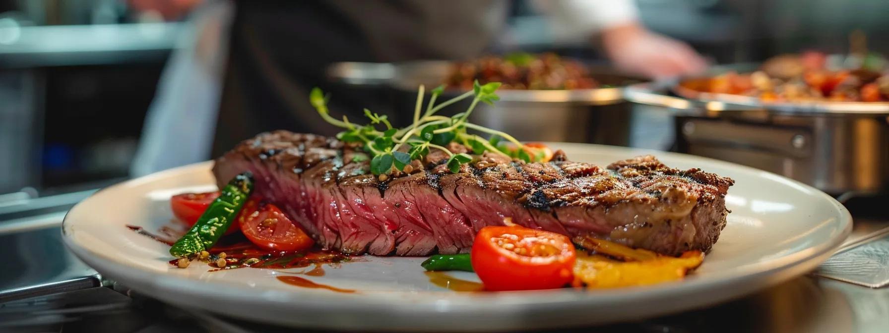 a modern, sleek steakhouse kitchen showcases expertly prepared plates of grass-finished beef, highlighted by vibrant garnishes and stainless steel surfaces, emphasizing the high-quality, ethically sourced attributes that distinguish arizona's premier beef suppliers.