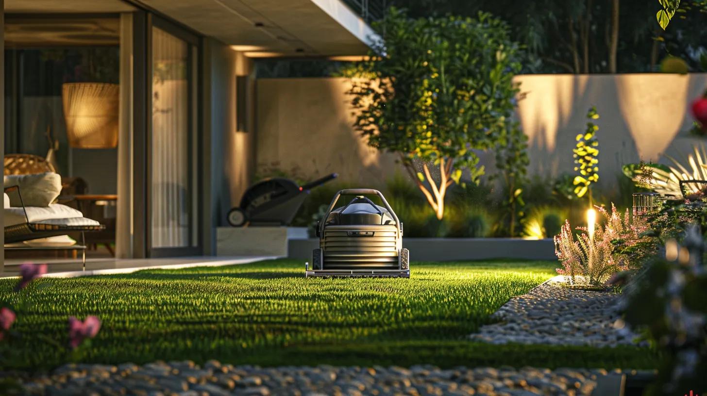 a modern, sleek urban garden showcases eco-friendly lawn care equipment, featuring a vibrant green lawn maintained with a stylish reel mower and a decorative rain barrel, all under bright artificial lighting that highlights the innovative sustainable practices in an outdoor patio setting. a modern, sleek urban garden showcases eco-friendly lawn care equipment, featuring a vibrant green lawn maintained with a stylish reel mower and a decorative rain barrel, all under bright artificial lighting that highlights the innovative sustainable practices in an outdoor patio setting.