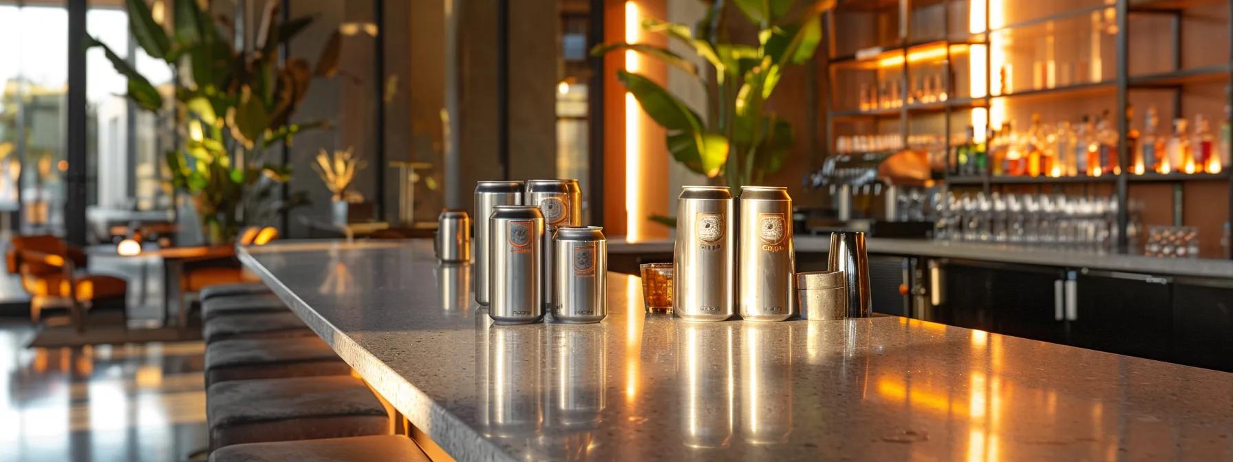 a modern, stylish bar setting showcases anomaly's vibrant, sparkling seltzer cans strategically arranged on a sleek countertop, with an inviting atmosphere illuminated by soft, warm lighting that enhances the feeling of social connection and mood elevation. a modern, stylish bar setting showcases anomaly's vibrant, sparkling seltzer cans strategically arranged on a sleek countertop, with an inviting atmosphere illuminated by soft, warm lighting that enhances the feeling of social connection and mood elevation.