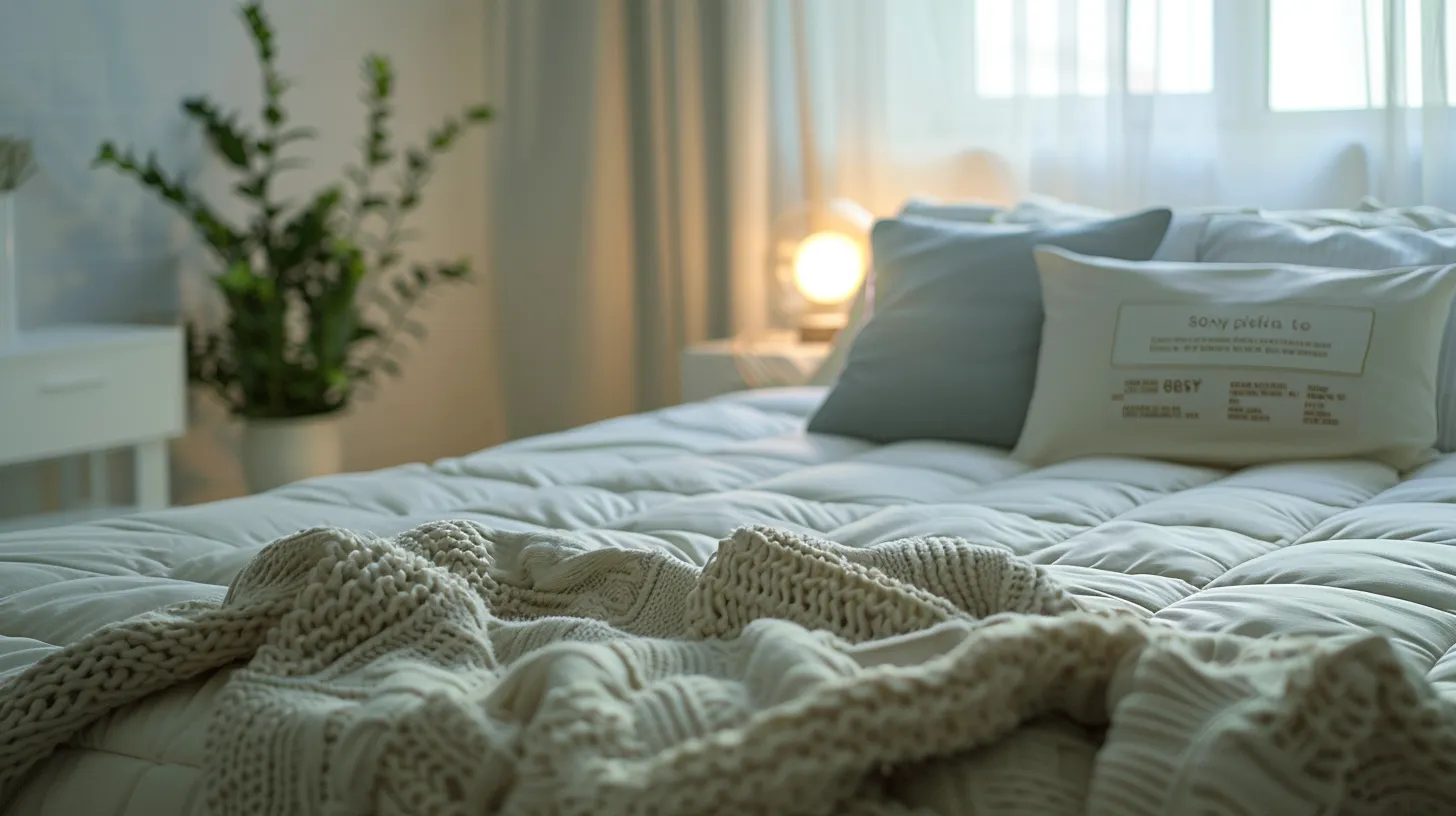 a modern, stylish bedroom interior features a prominently displayed eco-friendly mattress adorned with vibrant certification labels, emphasizing a commitment to sustainable and safe home furnishings under warm, inviting lighting. a modern, stylish bedroom interior features a prominently displayed eco-friendly mattress adorned with vibrant certification labels, emphasizing a commitment to sustainable and safe home furnishings under warm, inviting lighting.