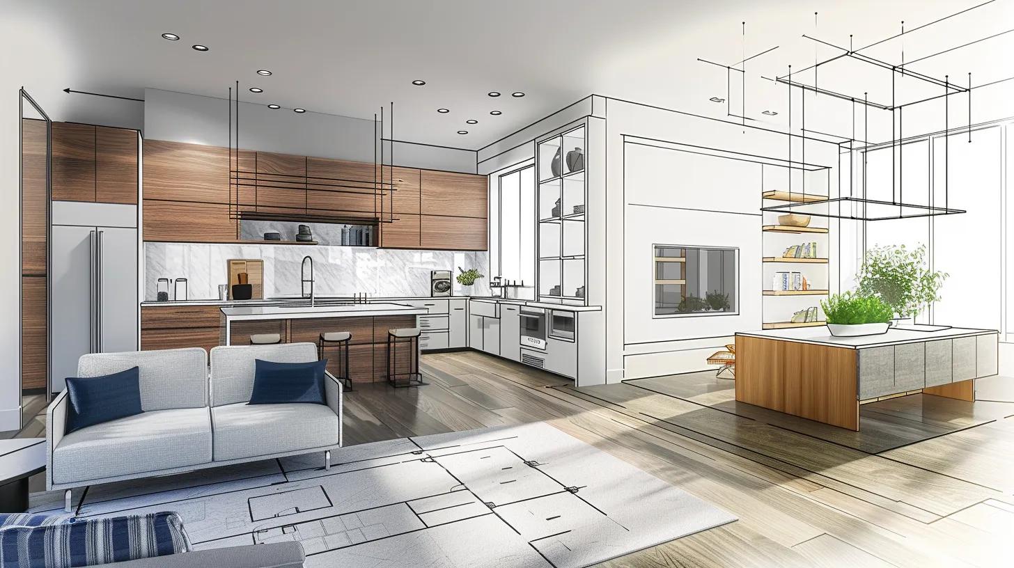 a modern, stylish home interior showcases a beautifully organized remodeling plan, featuring sleek cabinetry, elegant wall finishes, and energy-efficient fixtures, all set against a backdrop of an architect's blueprint and design boards that reflect clear remodeling goals. a modern, stylish home interior showcases a beautifully organized remodeling plan, featuring sleek cabinetry, elegant wall finishes, and energy-efficient fixtures, all set against a backdrop of an architect's blueprint and design boards that reflect clear remodeling goals.