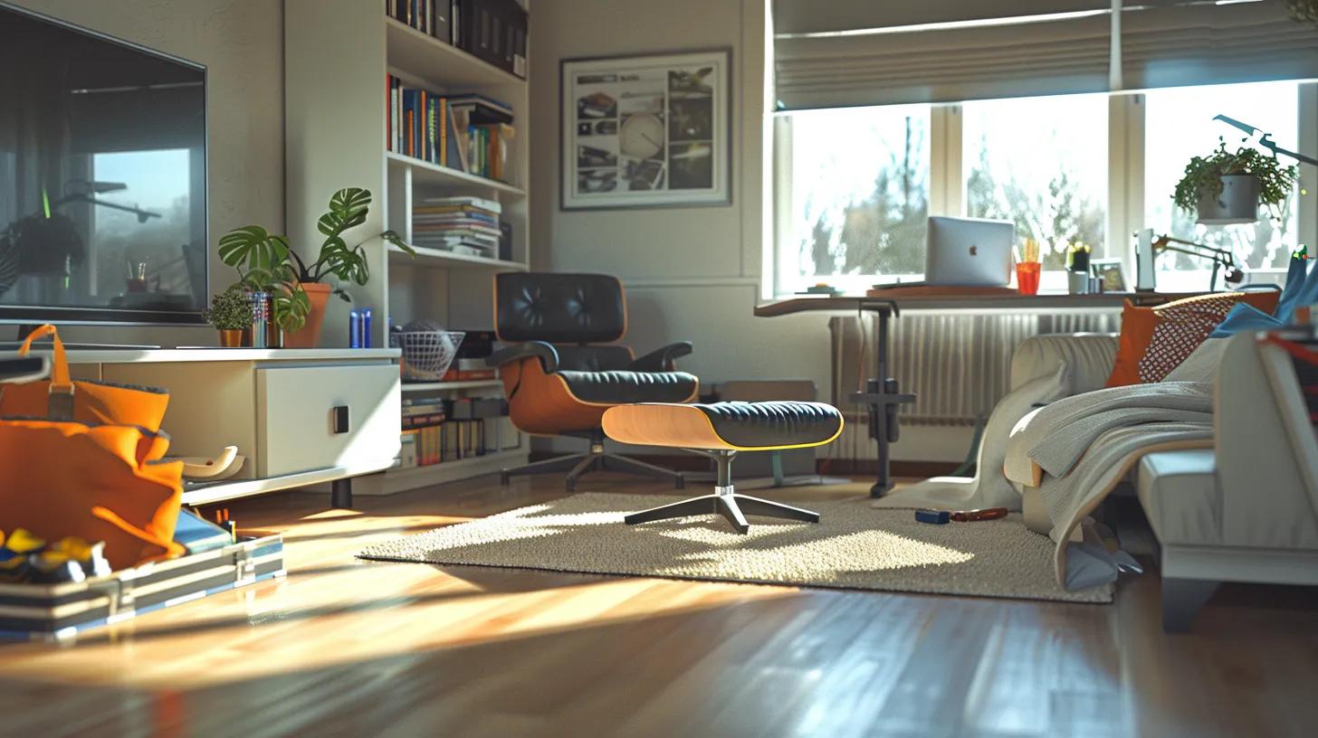 a modern, stylish home office features a neatly organized workspace with a sleek desk, efficient cleaning tools displayed prominently, and a cozy seating area, emphasizing the theme of maintaining cleanliness and order amidst a busy lifestyle.