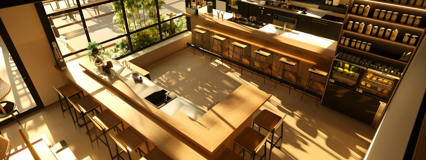 a modern, stylish kitchen layout with a spacious open design featuring a central breakfast bar, sleek countertops, organized open shelving, and efficient work zones, emphasizing both functionality and aesthetic appeal in a remodeling project.