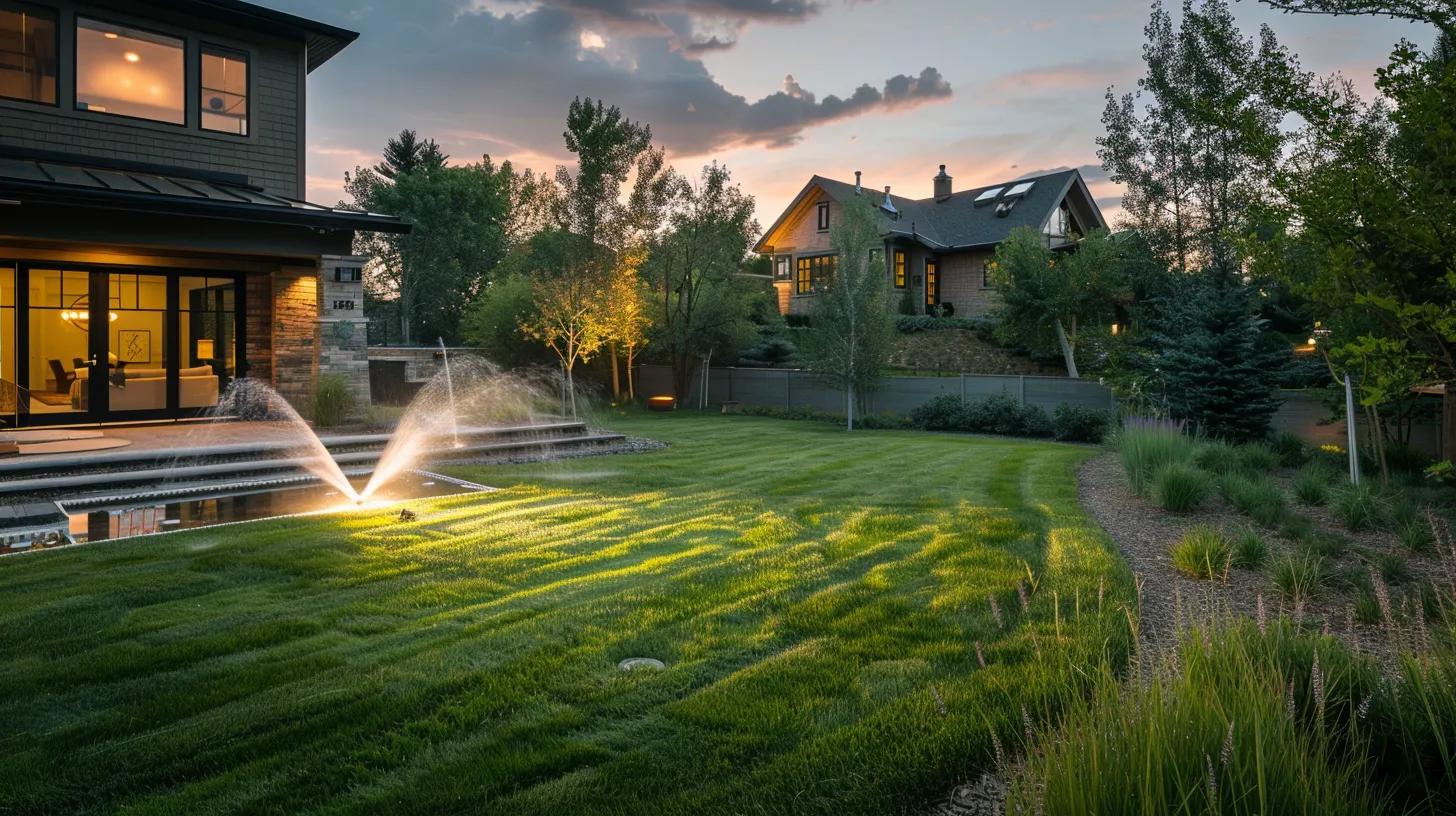 a modern suburban backyard showcases a sophisticated pop-up sprinkler system in action, delivering precise water coverage over a lush, evenly green lawn under ambient evening lighting. a modern suburban backyard showcases a sophisticated pop-up sprinkler system in action, delivering precise water coverage over a lush, evenly green lawn under ambient evening lighting.