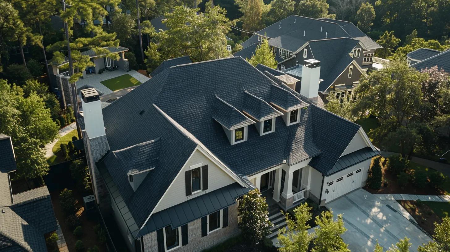 a modern suburban home in atlanta showcases professional roofers in uniform expertly installing new asphalt shingles beneath a clear blue sky, highlighting the freshly defined roof lines and premium construction materials amidst a bustling, organized worksite.