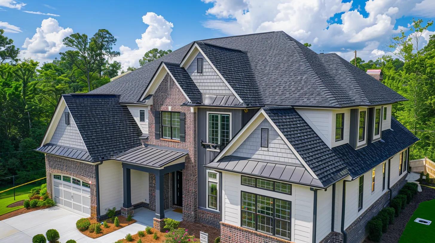 a modern suburban home in atlanta is undergoing a professional roof replacement, showcasing uniformed roofers skillfully installing vibrant new asphalt shingles under a clear blue sky, with premium tools and materials surrounding the pristine lines of the freshly laid roof.