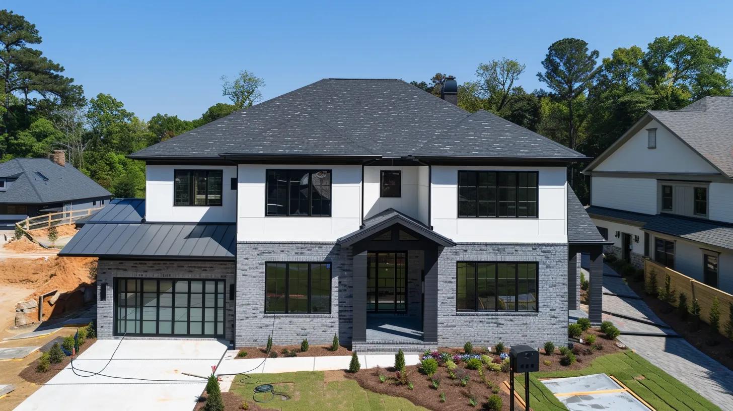 a modern suburban home in atlanta, featuring a two-story structure where uniformed roofers meticulously install brand new asphalt shingles under a clear blue sky, highlighted by vibrant colors and a slight tilt-up perspective that accentuates the clean lines and premium finish of the roofing materials.