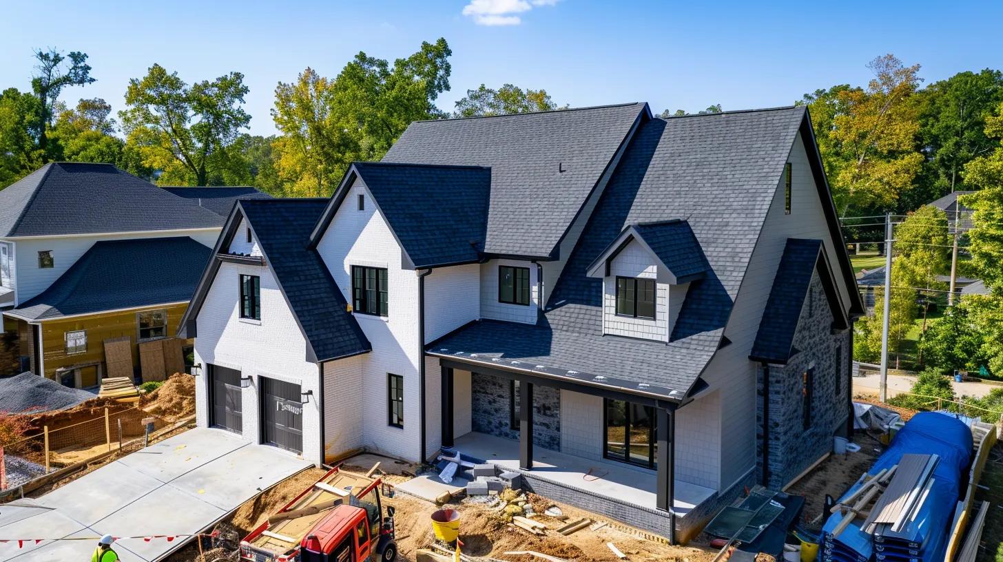 a modern suburban home in atlanta showcases skilled roofers expertly installing premium asphalt shingles under a clear blue sky, highlighting the crisp lines of the new roof and colorful construction equipment, captured from a slight tilt-up angle to emphasize the craftsmanship and contemporary architecture.