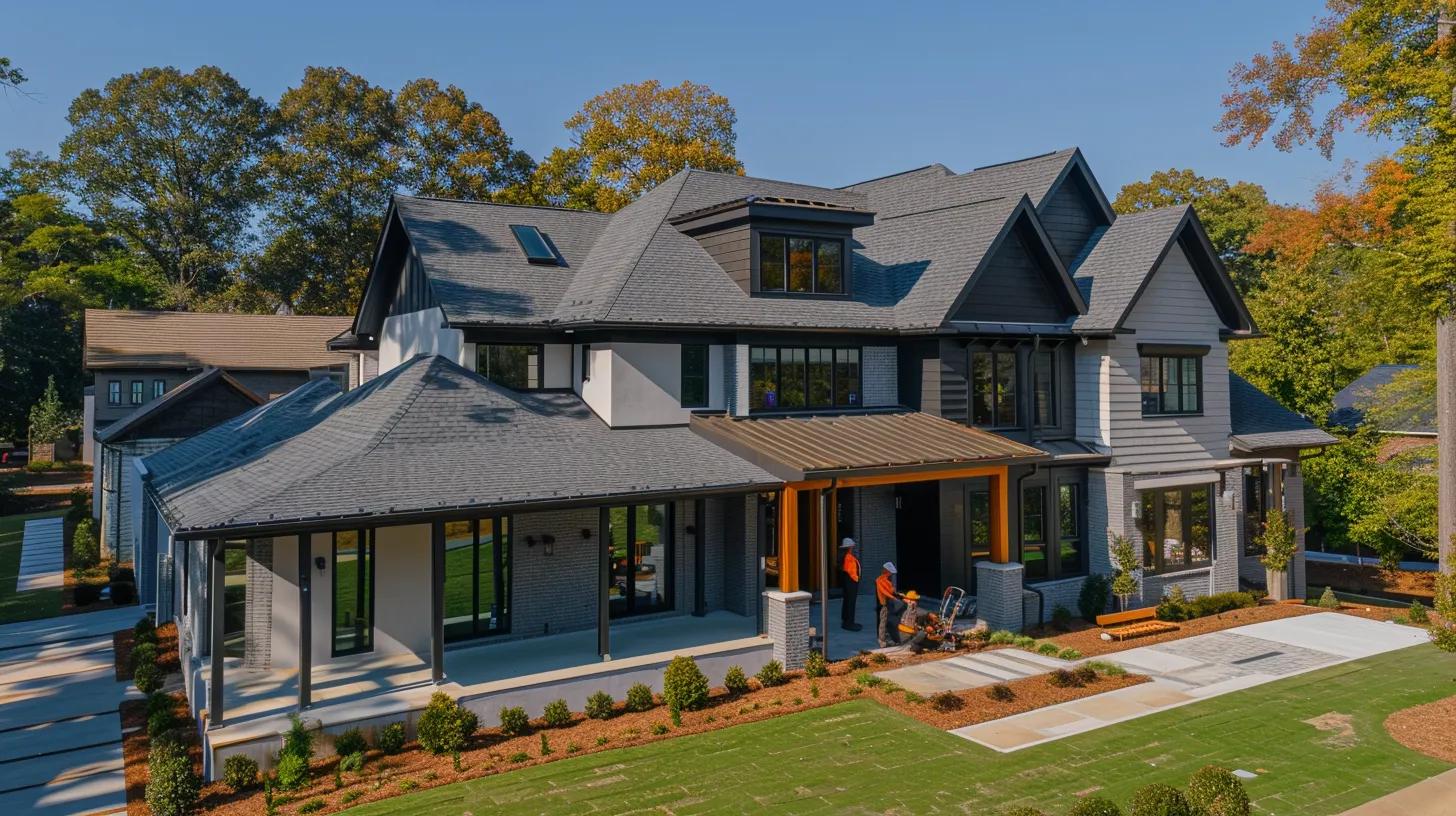 a modern suburban home in atlanta, featuring skilled roofers in uniform installing gleaming new asphalt shingles under a clear blue sky, with vibrant colors emphasizing the fresh, premium roof lines and the professional tools scattered around the site.