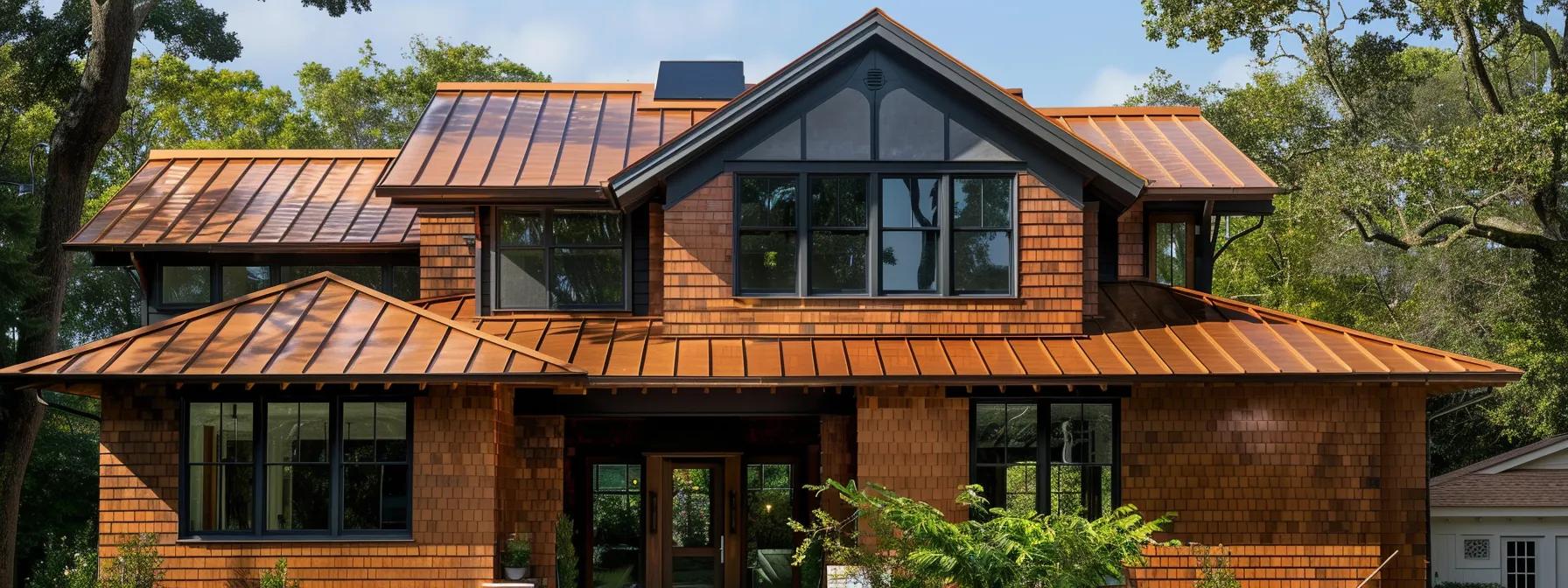 a modern suburban home showcases aged copper asphalt shingles with a warm terracotta exterior, exuding charm and energy efficiency, as a backdrop of well-maintained architecture emphasizes the beauty and durability of strategic shingle selections. a modern suburban home showcases aged copper asphalt shingles with a warm terracotta exterior, exuding charm and energy efficiency, as a backdrop of well-maintained architecture emphasizes the beauty and durability of strategic shingle selections.