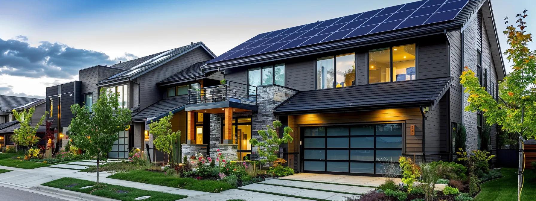 a modern suburban home showcases an eye-catching, solar-integrated rooftop in a harmonious color palette, seamlessly blending with its sleek architectural design and well-coordinated exterior elements to highlight the strategic integration of curb appeal and functionality. a modern suburban home showcases an eye-catching, solar-integrated rooftop in a harmonious color palette, seamlessly blending with its sleek architectural design and well-coordinated exterior elements to highlight the strategic integration of curb appeal and functionality.