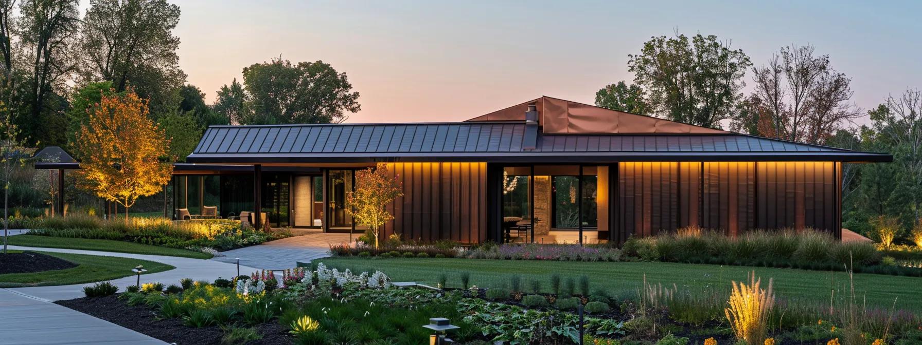 a modern suburban home stands proudly with a sleek, seamlessly integrated copper gutter system that enhances its architectural elegance, showcasing a vibrant facade under the warm glow of evening light. a modern suburban home stands proudly with a sleek, seamlessly integrated copper gutter system that enhances its architectural elegance, showcasing a vibrant facade under the warm glow of evening light.