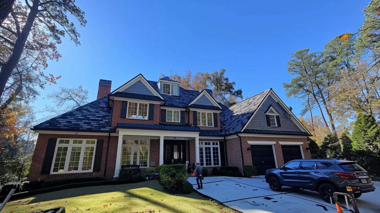 a modern suburban house in atlanta, with professional roofers in uniform installing vibrant new asphalt shingles under a clear blue sky, showcasing a clean and fresh roof line along with construction tools, all captured from a slight tilt-up camera angle to emphasize the premium quality of the installation.