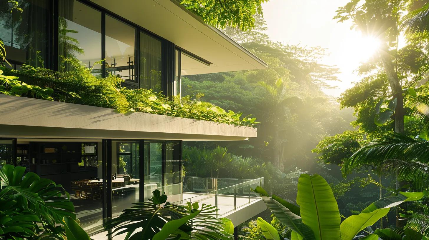 a modern sustainable home surrounded by lush greenery, showcasing innovative eco-friendly materials and bright sunlight filtering through large windows, symbolizing the balance between environmental consciousness and long-term savings. a modern sustainable home surrounded by lush greenery, showcasing innovative eco-friendly materials and bright sunlight filtering through large windows, symbolizing the balance between environmental consciousness and long-term savings.