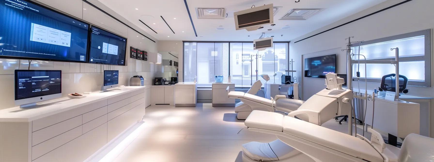 a modern, upscale waxing salon in nyc, featuring sleek decor and a pristine treatment room, emphasizes the luxurious atmosphere and premium services offered, showcasing intricate wax equipment and a clear pricing menu displayed on elegant monitors.