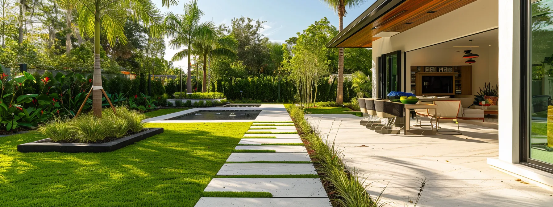 a modern urban backyard in st. cloud, florida, featuring expertly installed drainage solutions seamlessly integrated into a stylish landscape, highlighting the efficiency and aesthetic appeal of professional landscaping services.