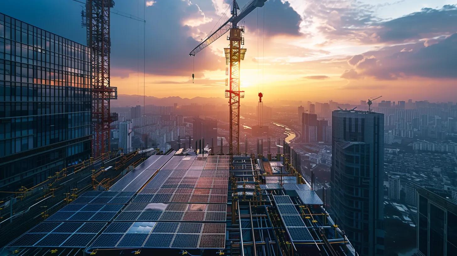 a modern urban construction site showcases eco-friendly building practices, featuring sleek structures with solar panels, advanced insulation materials, and automated energy management systems, all set against a backdrop of a bustling city skyline. a modern urban construction site showcases eco-friendly building practices, featuring sleek structures with solar panels, advanced insulation materials, and automated energy management systems, all set against a backdrop of a bustling city skyline.