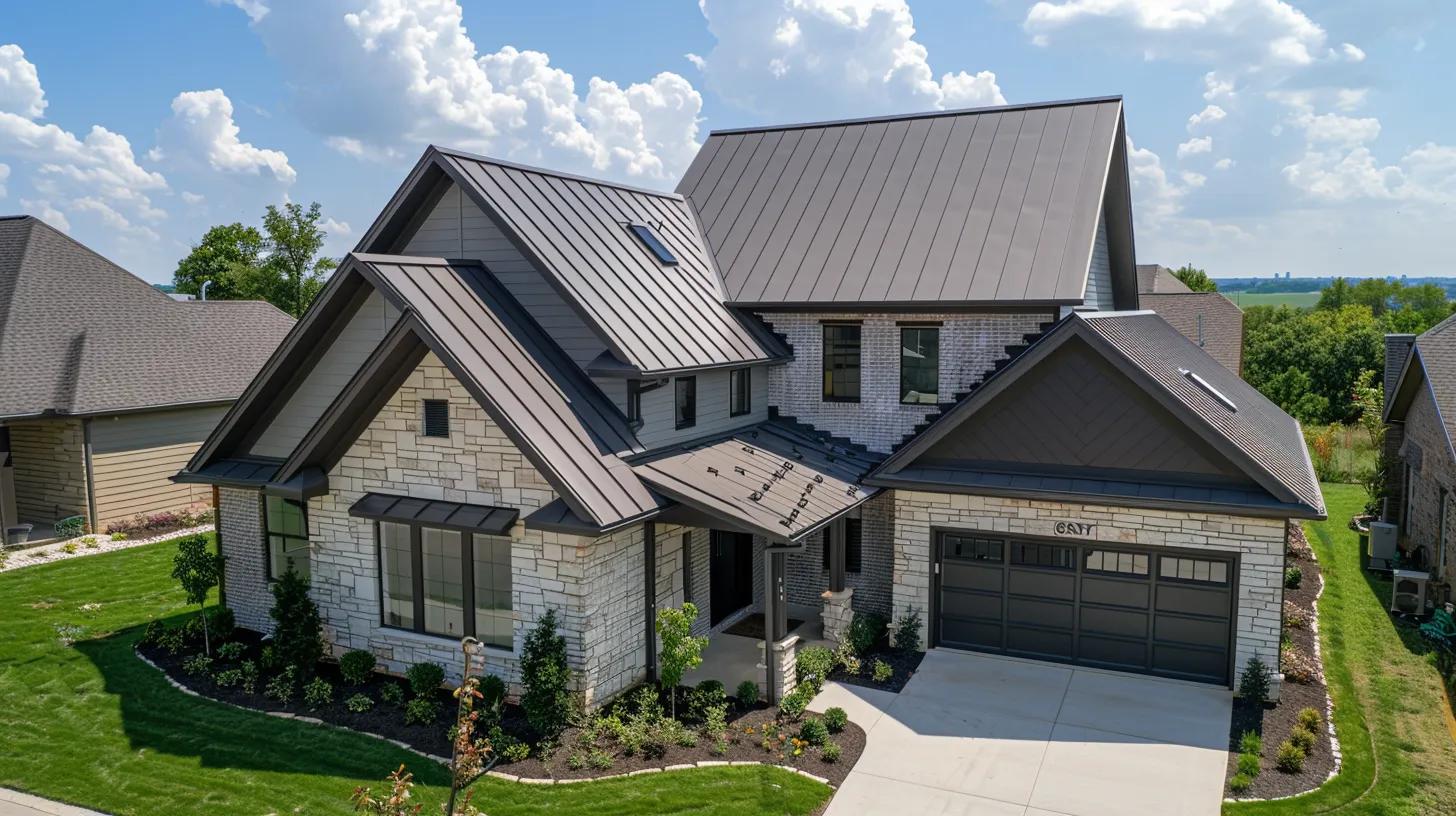a modern urban home features a striking facade adorned with a combination of sleek metal roofing and textured vinyl siding, showcasing an inviting blend of affordability and style under crisp indoor lighting. a modern urban home features a striking facade adorned with a combination of sleek metal roofing and textured vinyl siding, showcasing an inviting blend of affordability and style under crisp indoor lighting.