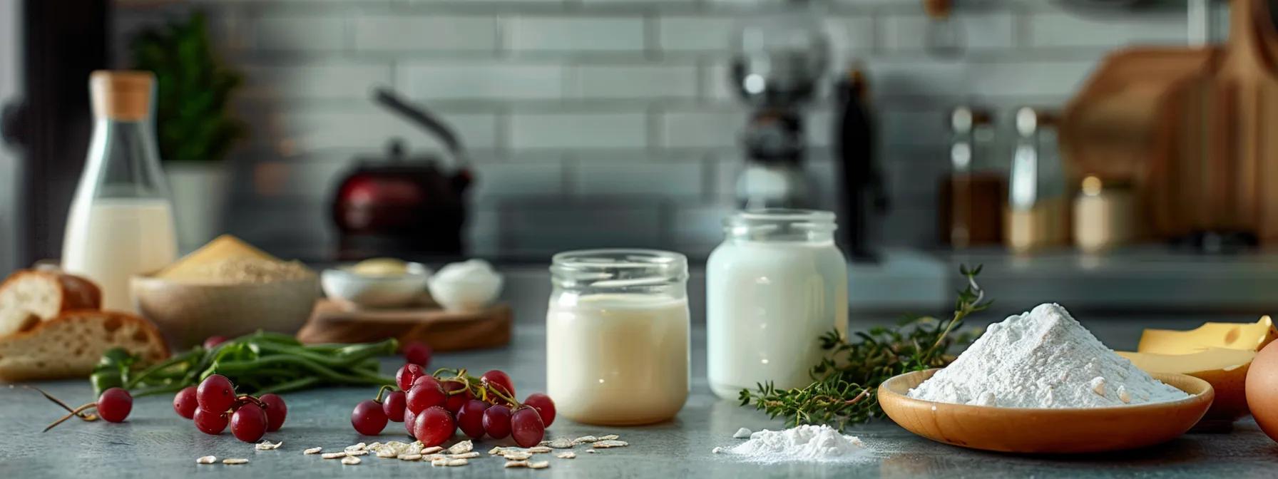 a modern urban kitchen setting showcases an elegant arrangement of low-fat dairy products and colorful plant-based alternatives on a sleek countertop, emphasizing their role in promoting kidney health and balanced nutrition.